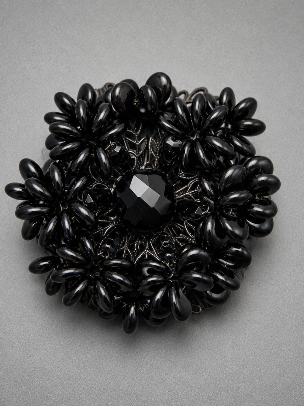 Vintage Miriam Haskell Black Beaded Floral Brooch